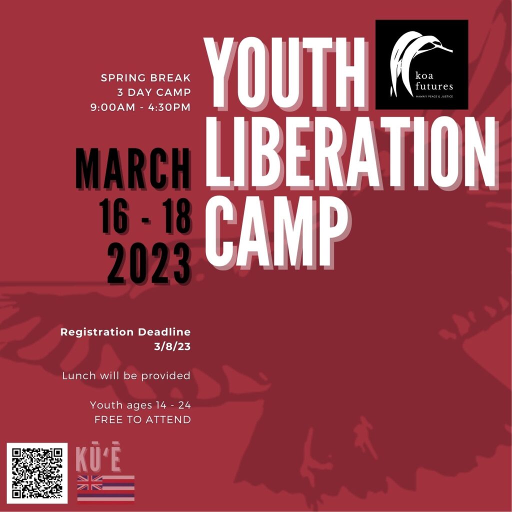 Red, black and white flyer informing reader of how to register for the Youth Liberation Camp March 16 -18, 2023